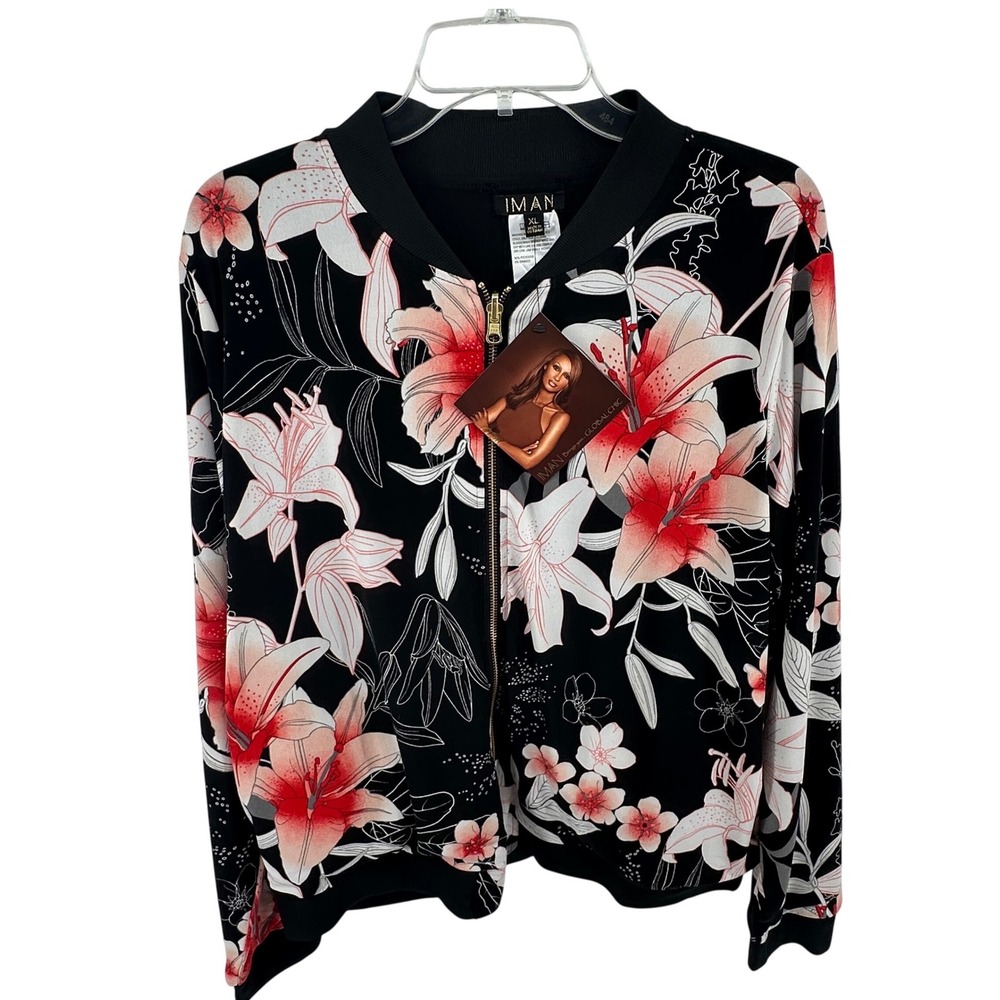 IMAN Global Chic Floral Bomber Jacket Black Red Tropical Lily Print Size XL NWT - Picture 2 of 14